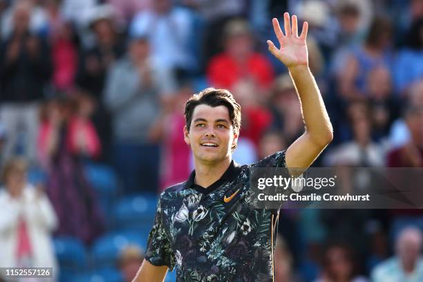 Taylor Fritz of USA celebrates winning his mens singles semi final match against Kyle Edmund of Great Britain during day five of the Nature Valley...