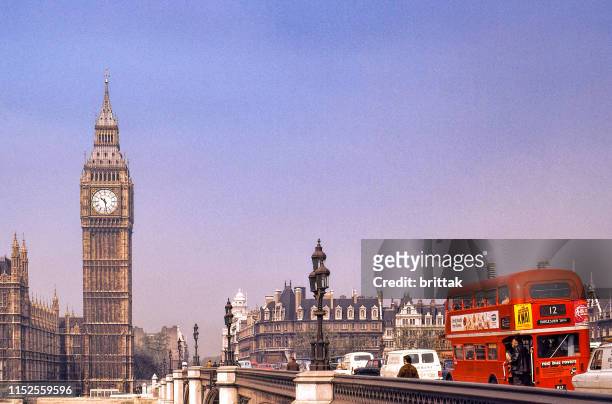 nostalgi. big ben and double decker., london 1973.. - london 1970s stock pictures, royalty-free photos & images