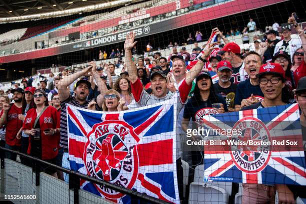 Fans of the Boston Red Sox cheer during a team workout ahead of the 2019 Major League Baseball London Series on June 28, 2019 at West Ham London...