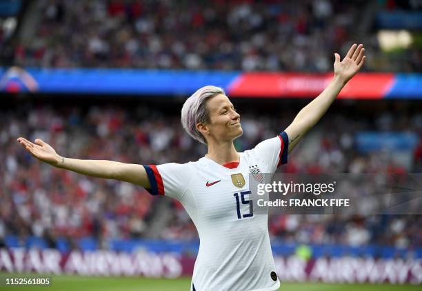 United States' forward Megan Rapinoe celebrates scoring her team's first goal during the France 2019 Women's World Cup quarter-final football match...