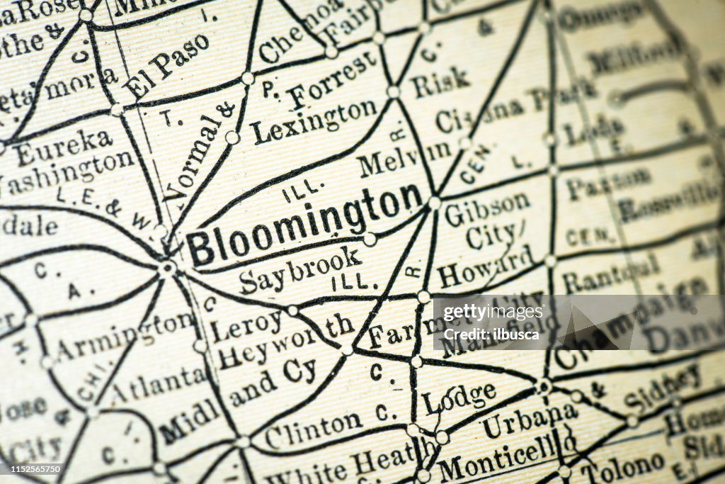 Antique USA map close-up detail: Bloomington, Illinois