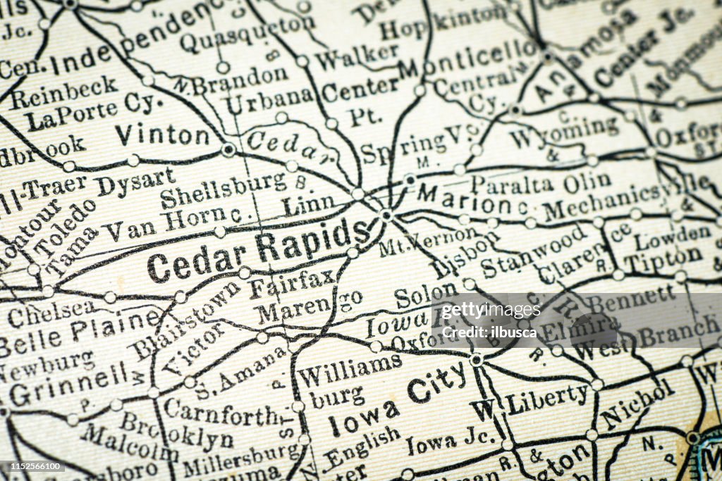 Antique USA map close-up detail: Cedar Rapids, Iowa