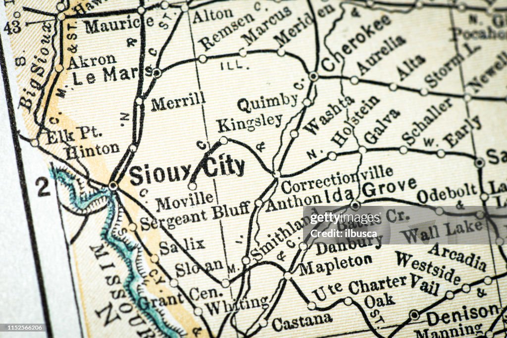 Detalhe antigo do close-up do mapa dos EUA: cidade de Sioux, Iowa