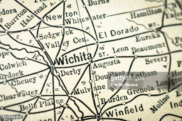 antique usa map close-up detail: wichita, kansas - wichita stock illustrations