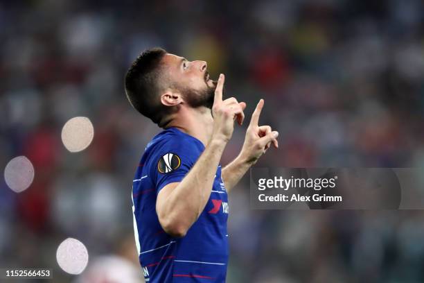 Olivier Giroud of Chelsea celebrates after scoring his team's first goal during the UEFA Europa League Final between Chelsea and Arsenal at Baku...