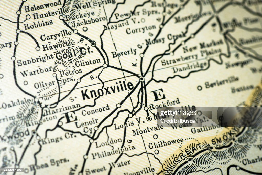 Antique USA map close-up detail: Knoxville, Tennessee
