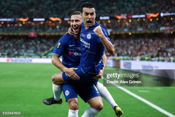 Pedro of Chelsea celebrates after scoring his team's second goal with Eden Hazard of Chelsea during the UEFA Europa League Final between Chelsea and...