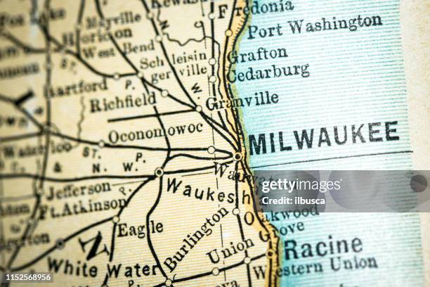 antique usa map close-up detail: milwaukee, wisconsin - milwaukee wisconsin stock illustrations