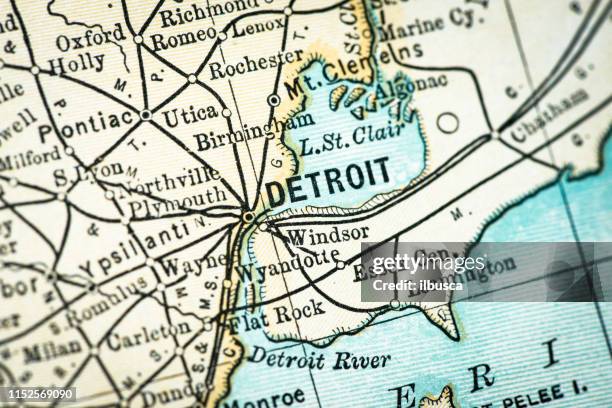 antique usa map close-up detail: detroit, michigan - detroit michigan stock illustrations