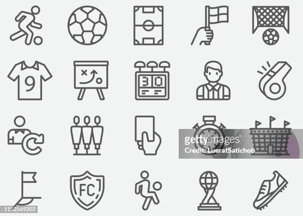 ilustrações de stock, clip art, desenhos animados e ícones de soccer sport line icons - rematar �� baliza