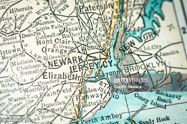 antique usa map close-up detail: newark, jersey city, new jersey - jersey city stock illustrations