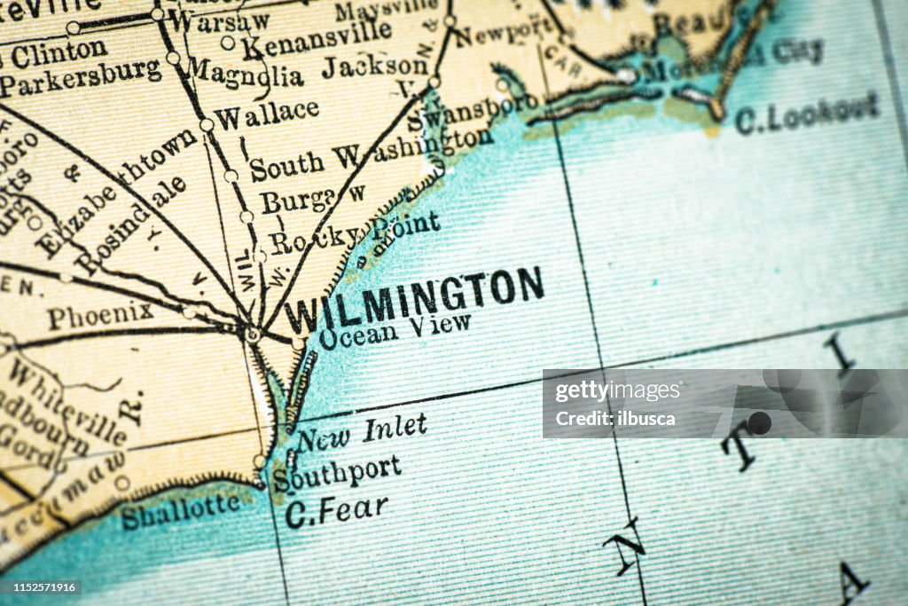 Antique USA map close-up detail: Wilmington, North Carolina