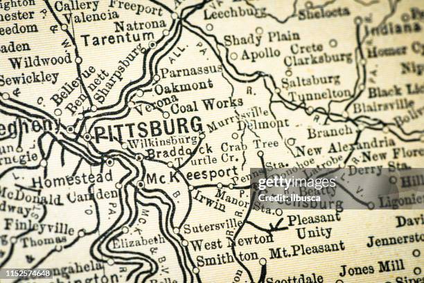 ilustrações, clipart, desenhos animados e ícones de detalhe antigo do close-up do mapa dos eua: pittsburg, pensilvânia - pittsburgh