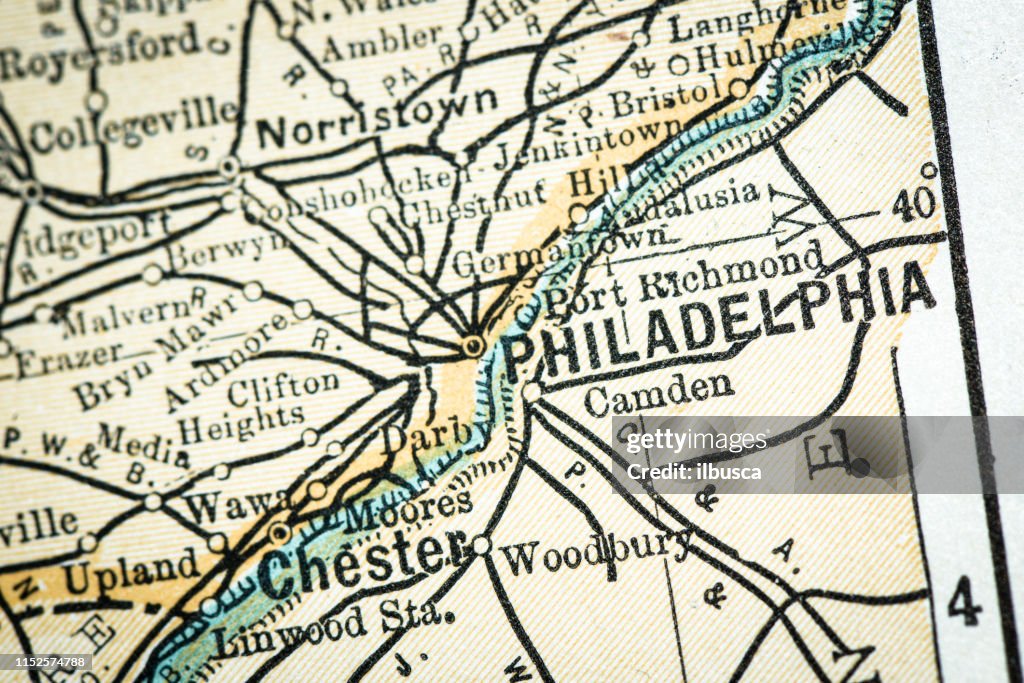 Antique USA map close-up detail: Philadelphia, Pennsylvania