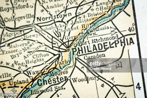 antique usa map close-up detail: philadelphia, pennsylvania - philadelphia pennsylvania map stock illustrations
