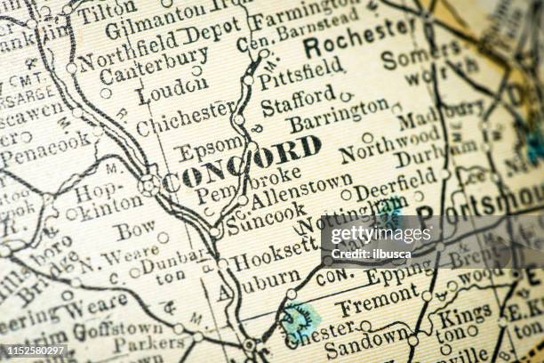 antique usa map close-up detail: concord, new hampshire - concord new hampshire stock illustrations