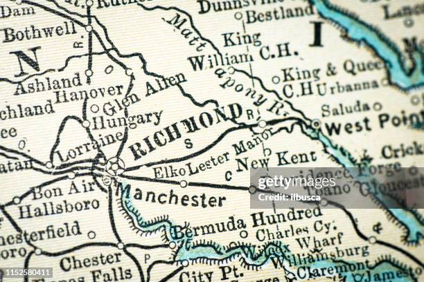 antique usa map close-up detail: richmond, virginia - virginia us state stock illustrations