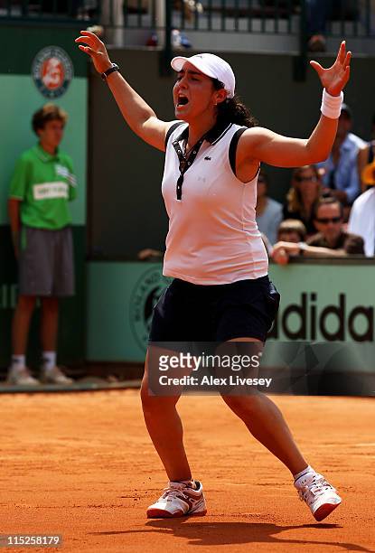 Ons Jabeur of Tunisia celebrates match point during the girl's singles final match between Ons Jabeur of Tunisia and Monica Puig of Puerto Rica on...