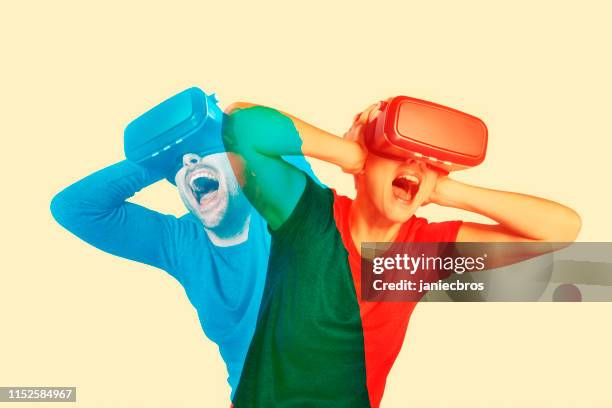 virtual world crisis. couple escaping augmented reality - head in hands silhouette stock pictures, royalty-free photos & images