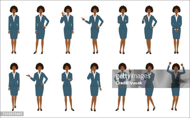 ilustraciones, imágenes clip art, dibujos animados e iconos de stock de conjunto de empresaria afroamericana aislada sobre fondo blanco - mujer negra