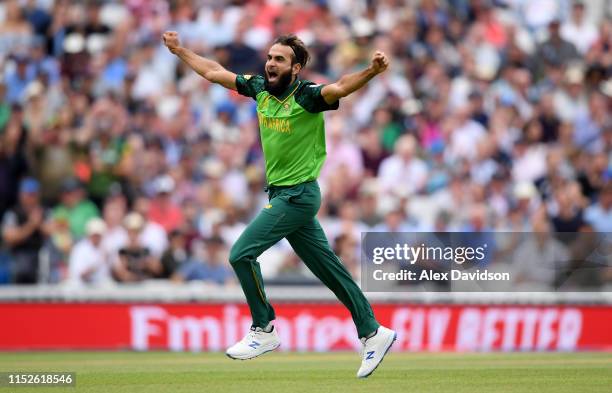 Imran Tahir of South Africa celebrates the wicket of Eoin Morgan of England during the Group Stage match of the ICC Cricket World Cup 2019 between...