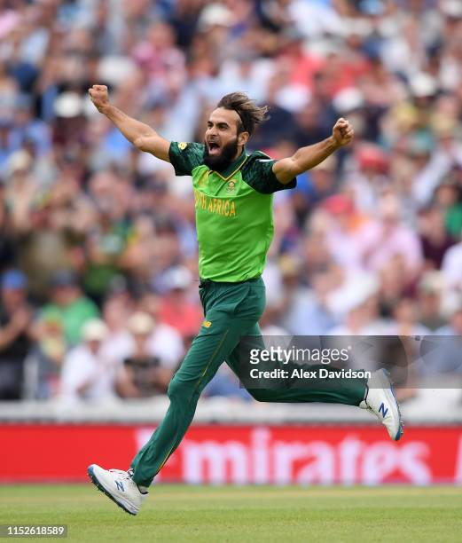 Imran Tahir of South Africa celebrates the wicket of Eoin Morgan of England during the Group Stage match of the ICC Cricket World Cup 2019 between...