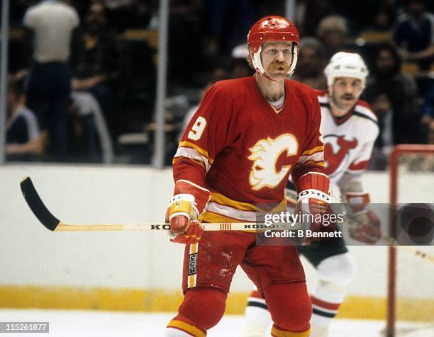 Lanny McDonald of the Calgary Flames skates on the ice during an NHL game against the New Jersey Devils on March 14, 1983 at the Brendan Byrne Arena...
