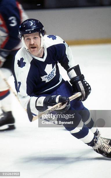 Lanny McDonald of the Toronto Maple Leafs skates on the ice during an NHL game against the New York Rangers in 1978 at the Madison Square Garden in...