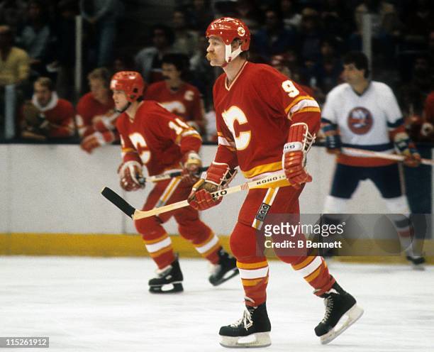 Lanny McDonald of the Calgary Flames skates on the ice during an NHL game against the New York Islanders circa 1985 at the Nassau Coliseum in...