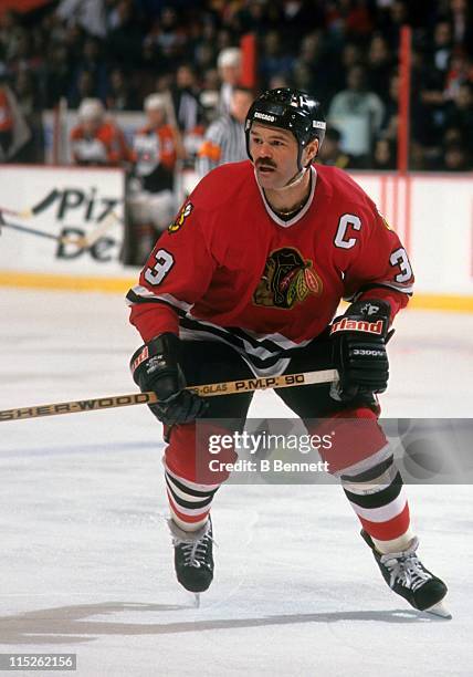 Dirk Graham of the Chicago Blackhawks skates on the ice during an NHL game against the Philadelphia Flyers on December 18, 1993 at the Spectrum in...