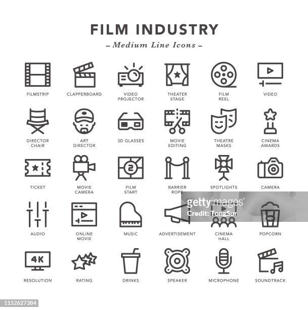 stockillustraties, clipart, cartoons en iconen met film industrie-middellijn iconen - televisiecamera