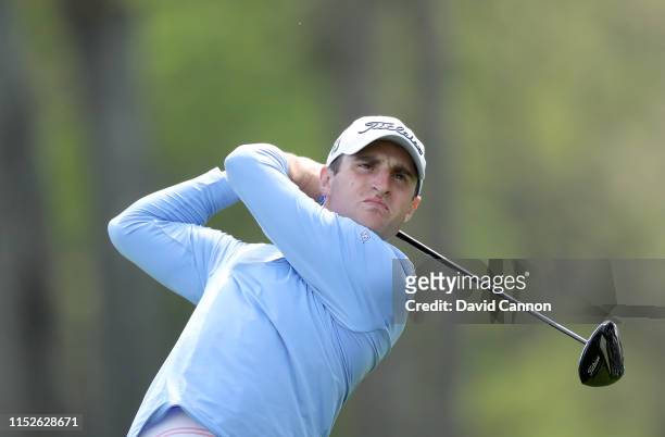 Alex Beach of the United States plays his tee shot on the 12th hole during the second round of the 2019 PGA Championship on the Black Course at...