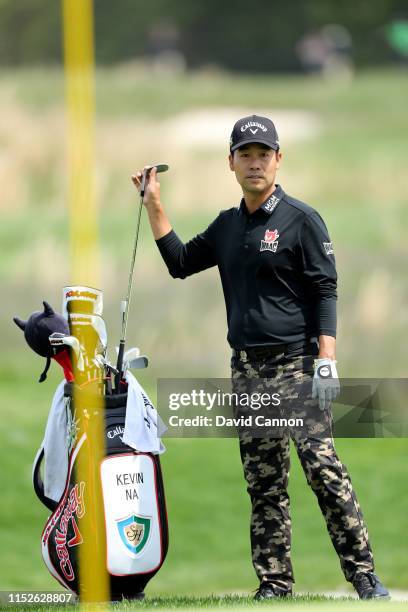 Kevin Na of the United States plays his third shot on the 11th hole during the second round of the 2019 PGA Championship on the Black Course at...