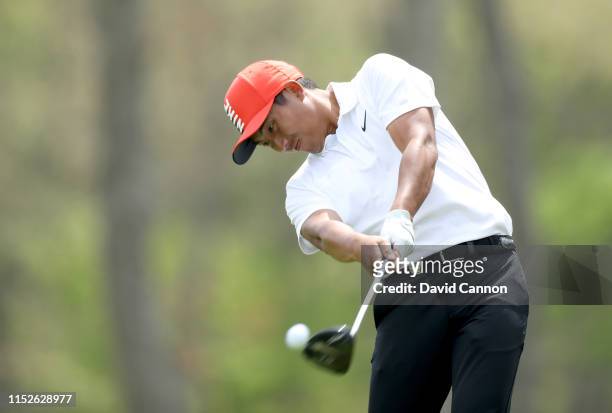 Pan of Taiwan hits his tee shot on the 12th hole during the second round of the 2019 PGA Championship on the Black Course at Bethpage State Park on...