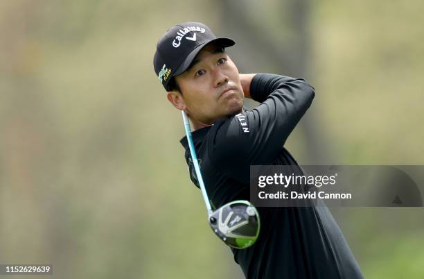 Kevin Na of the United States plays his tee shot on the 112h hole during the second round of the 2019 PGA Championship on the Black Course at...