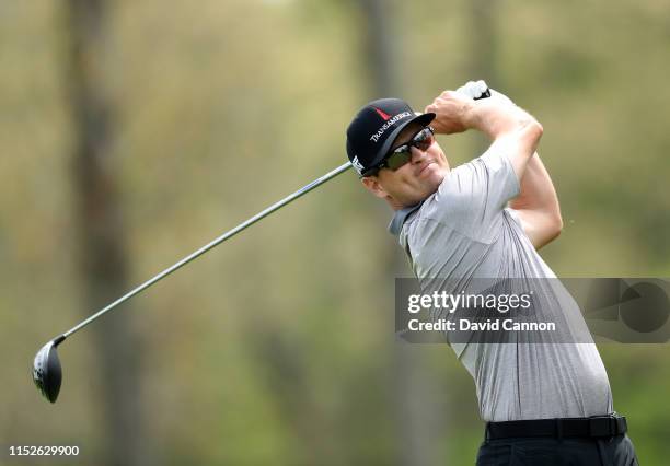 Zach Johnson of the United States plays his tee shot on the 12th hole during the second round of the 2019 PGA Championship on the Black Course at...