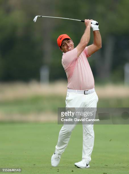 Francesco Molinari of Italy plays his second shot on the fifth hole during the second round of the 2019 PGA Championship on the Black Course at...