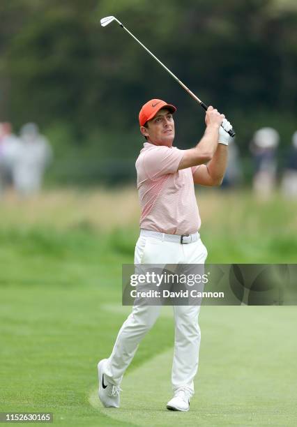 Francesco Molinari of Italy plays his second shot on the fifth hole during the second round of the 2019 PGA Championship on the Black Course at...