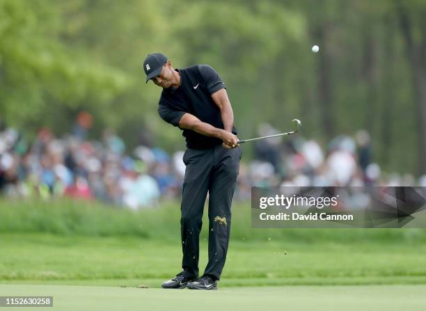 Tiger Woods of the United States plays his third shot on the fourth hole during the second round of the 2019 PGA Championship on the Black Course at...