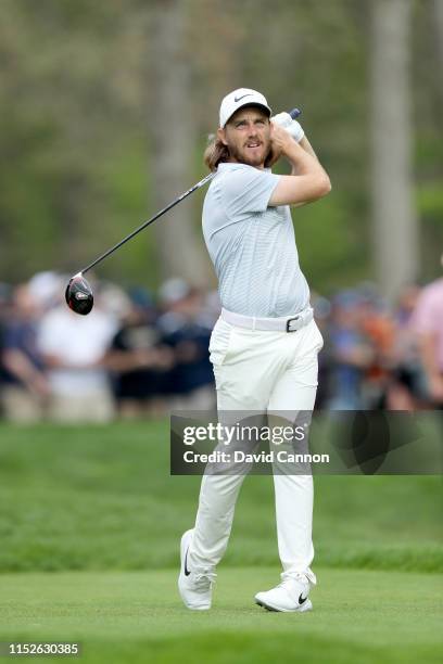 Tommy Fleetwood of England plays his tee shot on the 12th hole during the second round of the 2019 PGA Championship on the Black Course at Bethpage...