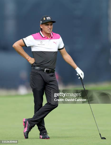 Rickie Fowler of the United States plays his second shot on the 12th hole during the second round of the 2019 PGA Championship on the Black Course at...