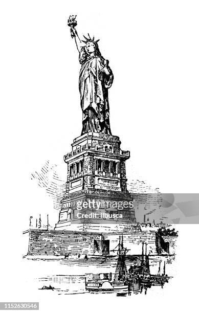 ilustraciones, imágenes clip art, dibujos animados e iconos de stock de ilustración antigua de usa: estatua de la libertad - statue of liberty drawing