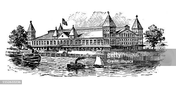 antique illustration of usa: new york harbor - ellis island and the immigration building - ellis island stock illustrations