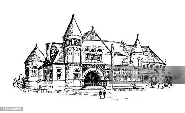 antique illustration of usa: alhambra, california - public library - alhambra ca stock illustrations
