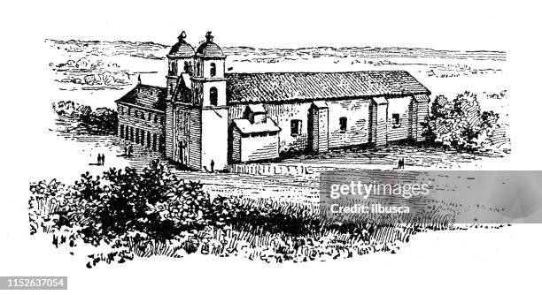 antique illustration of usa: santa barbara mission, california - santa barbara california stock illustrations