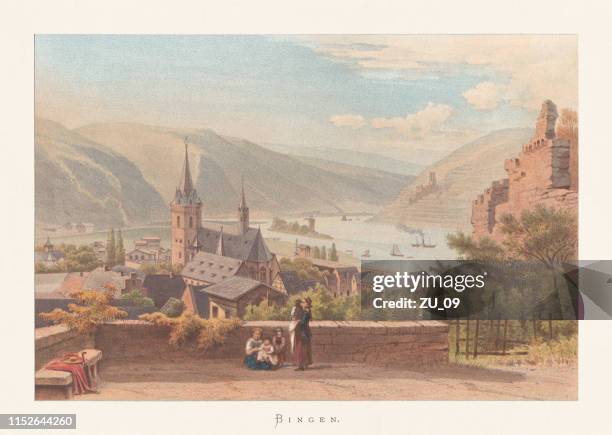 historical view of bingen, rhineland-palatinate, germany, chromolithograph, published ca. 1870 - west germany stock illustrations