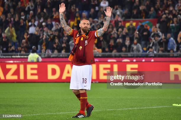 Daniele De Rossi greets at the Olimpic Stadium. The foodball player left AS Roma after 18 years of career. Rome May 26th, 2019