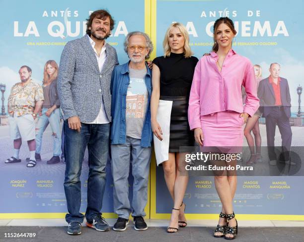 Salva Reina, Fernando Colomo, Maggie Civantos and Manuela Velasco attend the 'Antes de la quema' photocall at Princesa cinema on May 30, 2019 in...