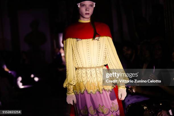 Model walks the runway at the Gucci Cruise 2020 on at Musei Capitolini on May 28, 2019 in Rome, Italy.