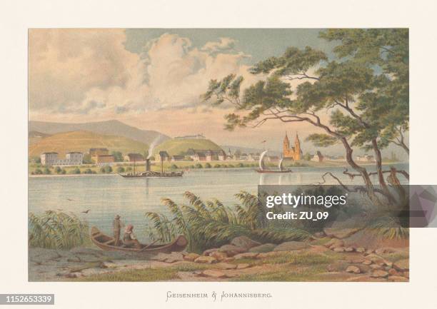 geisenheim and johannisberg, rheingau-taunus district, hesse, germany, chromolithograph, published ca.1870 - taunus mountains stock illustrations